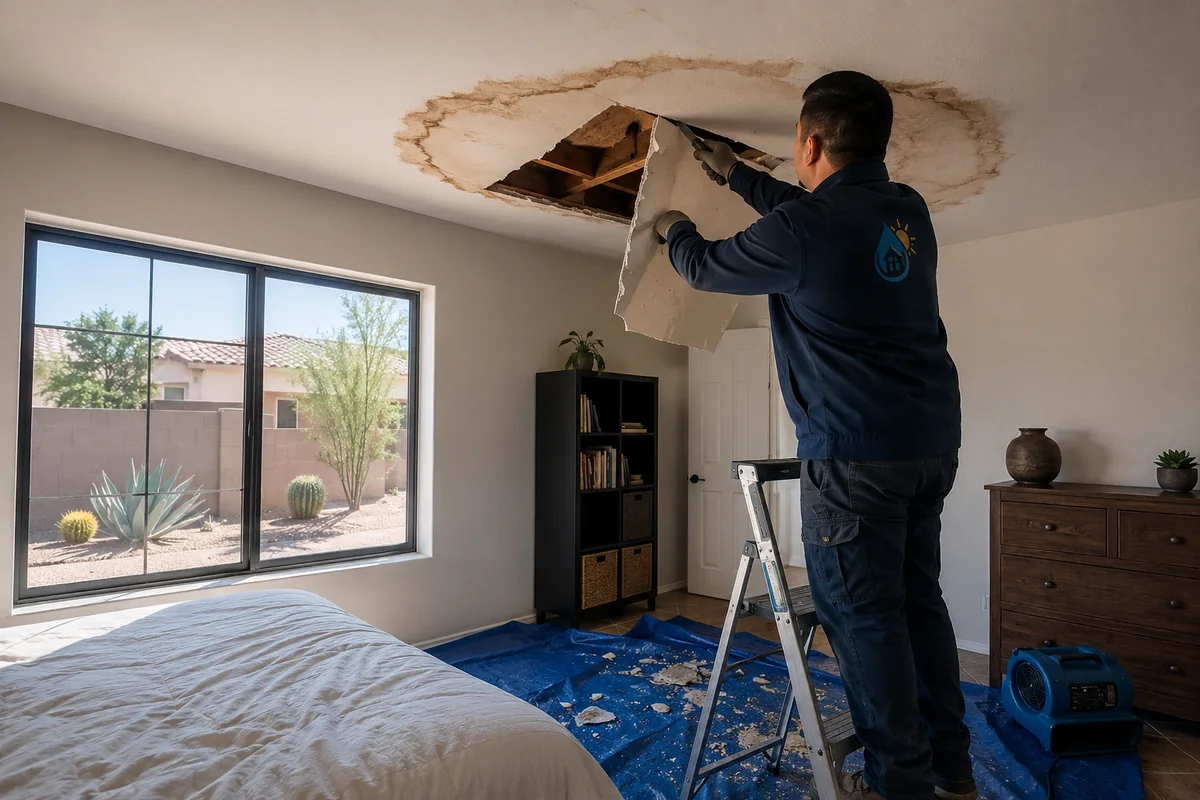 Ceiling & Drywall Water Damage Repair underway on a property in Tempe, AZ
