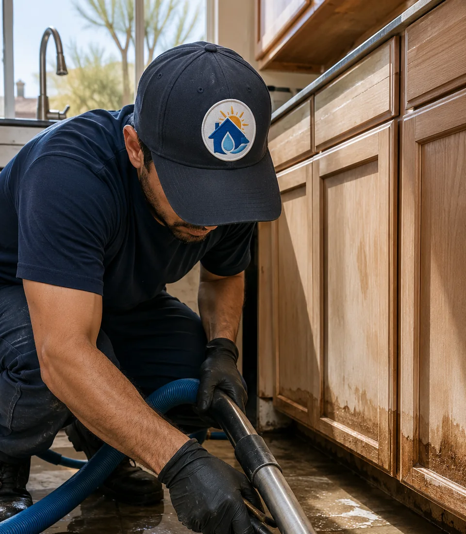 Water damage restoration technician extracting standing water from a residential property in Tempe, Arizona