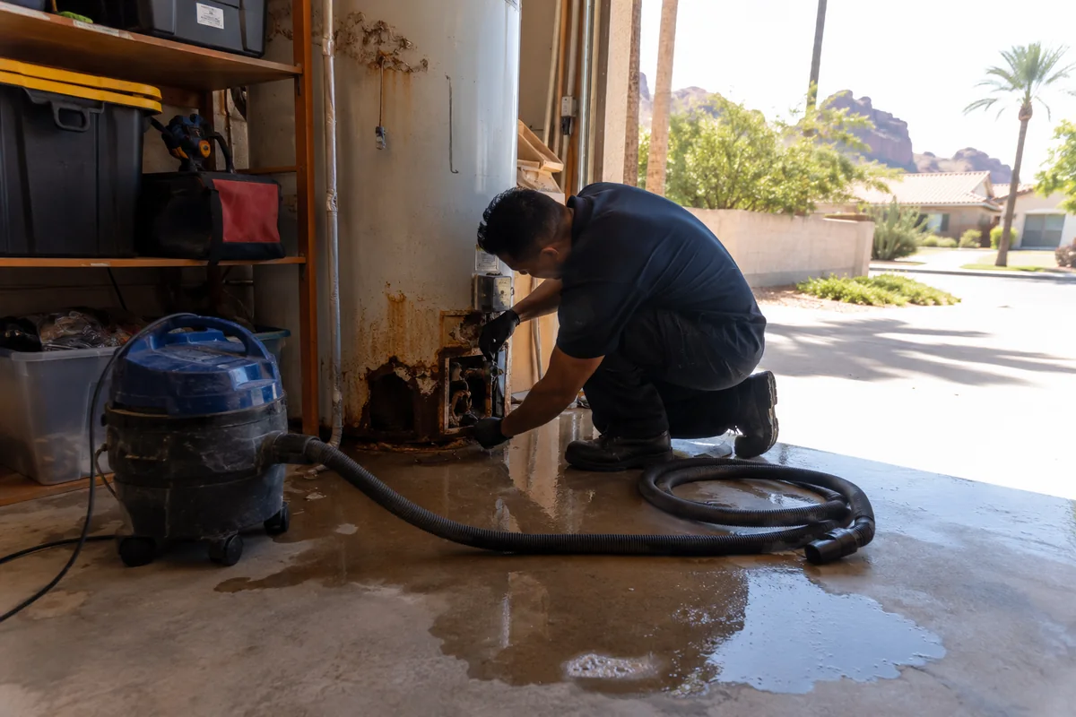 Water Heater Failure Cleanup underway on a property in Tempe, AZ